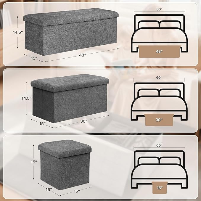 Ottoman Folding Storage Bench, 30x15x15 Inch, Foot Rest Stool for Living Room, Bedroom, Entryway, End of Bed - Multi-Functional Ottoman with Storage Dark Gray