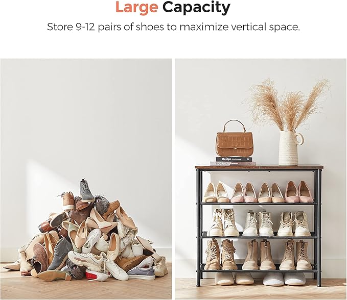 VASAGLE Shoe Rack, 4-Tier Shoe Storage Organizer for Entryway and Closet, Holds 9-12 Pairs of Shoes, 3 Fabric Shelves, Steel Frame, Industrial, Rustic Brown and Black ULBS035B01-NeatNest