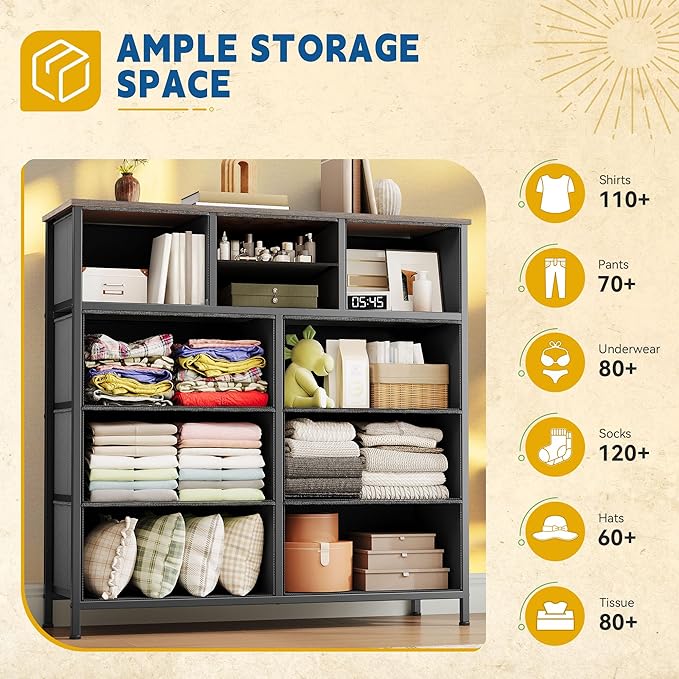 DWVO Dresser with 10 Drawers - Fabric Storage Tower, Organizer Unit for Living Room, Hallway - Sturdy Steel Frame, Wooden Top & Easy Pull Fabric Bins-NeatNest