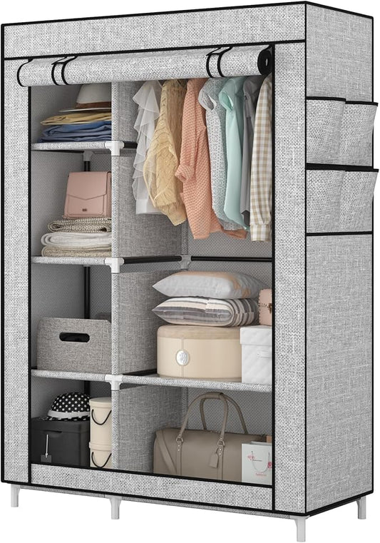 Calmootey Portable Closet Organizers, Clothing Storage, Wardrobe with 6 Shelves and Hanging Rod, Non-Woven Fabric Cover with 4 Side Pockets, Ash Grey-NeatNest