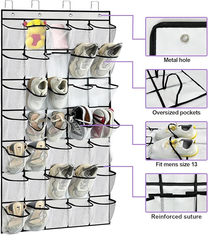 35 Large Pocket Over the Door Shoe Organizer, Extra Sturdy Oxford Fabric Hanging Shoe Rack for Door Closet, Wall Mesh Shoe Storage Holder for Mens Women Shoes (White)-NeatNest