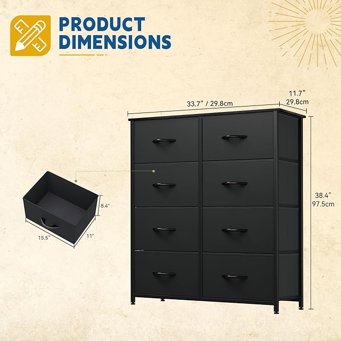 DWVO Fabric Dresser for Room, Tall Storage 8 Drawers, Black Dresser & Chest of Drawers, Storage Drawer Organizer for Closet, Living Room-NeatNest