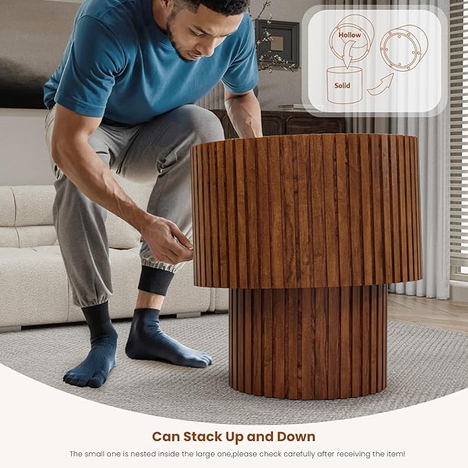 Round Nesting Coffee Table Set of 2 Circle Nested Coffee Tables Modern Fluted Coffee Table Set of 2 Wooden Drum End Side Tables for Living Room Bedroom Small Spaces (Brown Small)