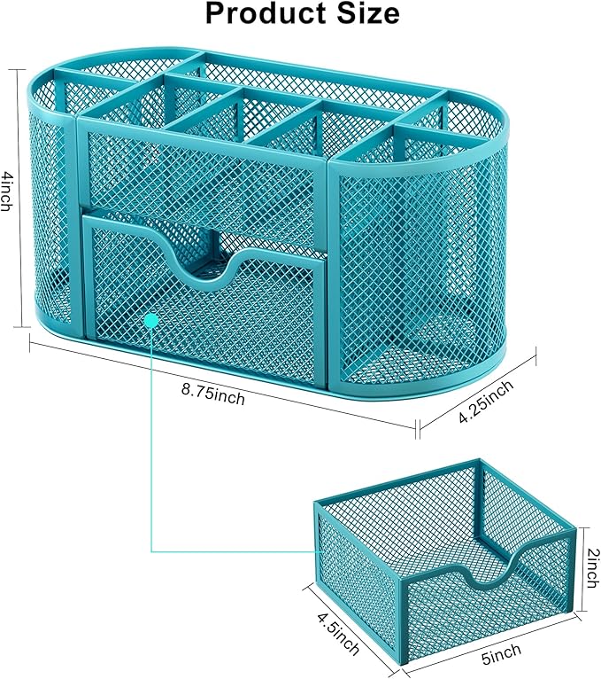 EasyPAG Mesh Desk Organizer, Multi-functional Stationery Organizer for School Supplies, Office Pen Holder for Desk, 9 Compartments Dorm Organization with Drawer, Blue