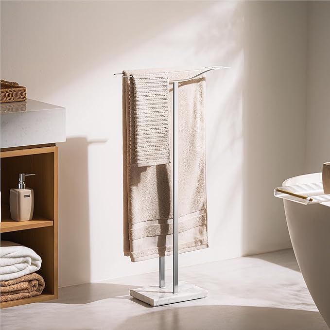 Bathroom Towel Rack Freestanding Floor Stand: Brushed 36in 2‑Bar Weighted Marble Base Towel Holder, Rustproof 304 Stainless Steel Drying Rack for Bath&Hand Towels, No‑Drill Slim Organizer, Spa Pool