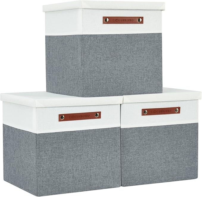 DECOMOMO Storage Basket with Lid, Storage Cubes with Handles, Fabric Box with Lid (Grey and White, 13” / 3 Pack)-NeatNest