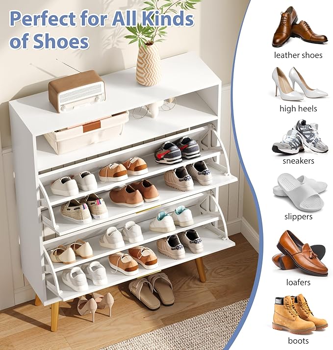Entryway Shoe Cabinet, White Shoe Storage Cabinet with 2 Flip Doors and Shelf, Narrow Hidden Shoe Organizer Cabinet Slim, Freestanding Shoe Rack for Entryway, White-NeatNest