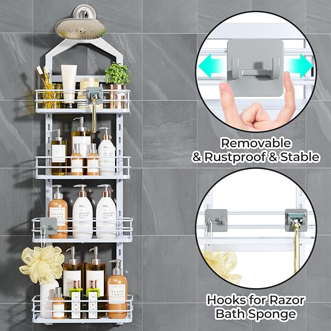 ODesign 4 Tier Height-Adjustable Shower Caddy Hanging Anti-Swing-Over The Shower Head Caddy-Storage Organizer Bathroom Shelves Basket-White