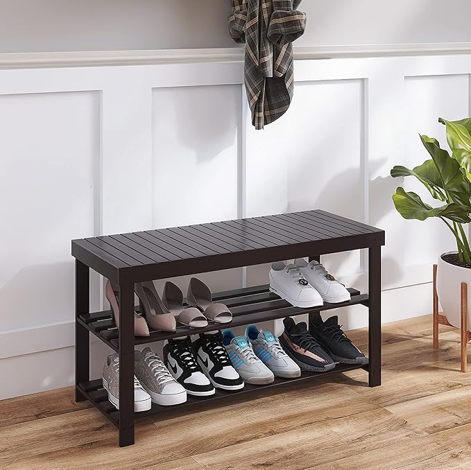 SMIBUY Sturdy Bamboo Shoe Rack Bench, 3-Tier Shoe Organizer, Storage Shelf for Entryway Hallway Bathroom Living Room (Dark Brown)-NeatNest