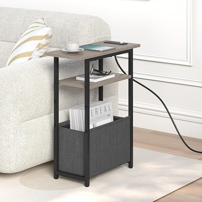 Narrow Side Table with Charging Station Set of 2, Small End Table for Small Spaces, Skinny Nightstands Set 2 with Storage Basket, 3 Tier Sofa Bedside Tables for Living Room,Bedroom, Grey