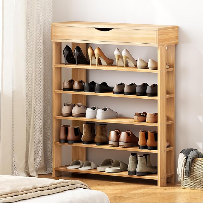 soges 5-Tier Wooden Shoe Rack with Storage Cabinet, 29.5 inches Vertical Free Standing Shoe Shelf, Shoe Organizer Storage Cabinet for Entryway, Living Room, Hallway, Doorway, White Oak-NeatNest