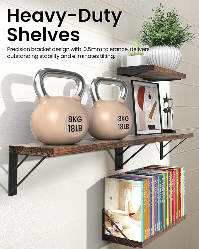 BAYKA Wall Shelves for Bedroom Decor, Floating Wall Shelves for Living Room Kitchen Storage, Wall Mounted Rustic Wood Floating Shelves for Kids Books, Corner Shelf for Bathroom(Rustic Brown,Set of 4)-NeatNest