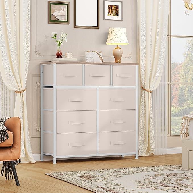DWVO Dresser with 9 Drawers - Fabric Storage Tower, Organizer Unit for Living Room, Hallway - Sturdy Steel Frame, Wooden Top & Easy Pull Fabric Bins-NeatNest