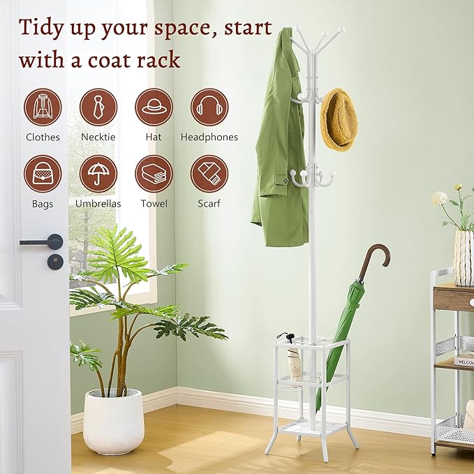 FAVOOSTY Coat Rack Freestanding,Coat Rack Stand with Umbrella Holder,Metal Coat Tree with 12 Hooks,Tree Clothes Hat for Entryway, Hallway, Bedroom, Living Room & Office -White-NeatNest