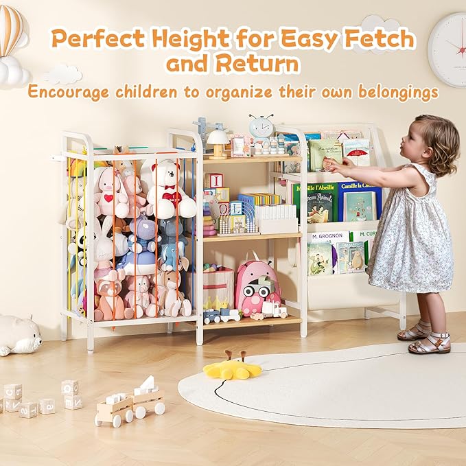 B1 Kids Bookshelf and Toy Storage, 3-Tier Book Shelf for Kids Rooms, Sling Baby Bookcase with Stuffed Animal Storage, Montessori Toddler Bookshelf for Nursery, Bedroom, Playroom Burlywood