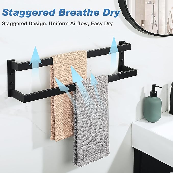 Alise Double Towel Bar 24", SUS304 Stainless Steel Towel Racks for Bathroom Wall Mounted, Heavy Duty Bathroom Towel Holder, Space Saving Towel Hanger, Matte Black
