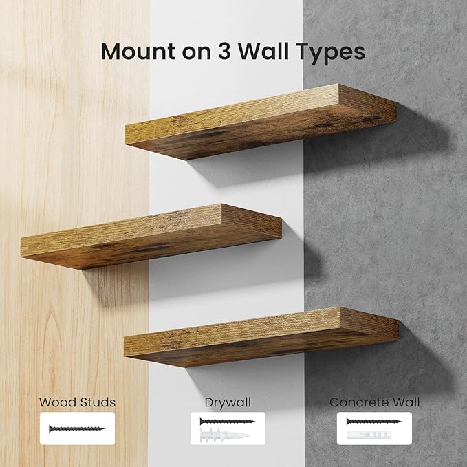 AMADA HOMEFURNISHING Floating Shelves, Wall Shelves for Bathroom/Living Room/Bedroom/Kitchen Decor, Decor Shelf with Invisible Brackets Set of 3, Rustic Brown - AMFS07V-NeatNest