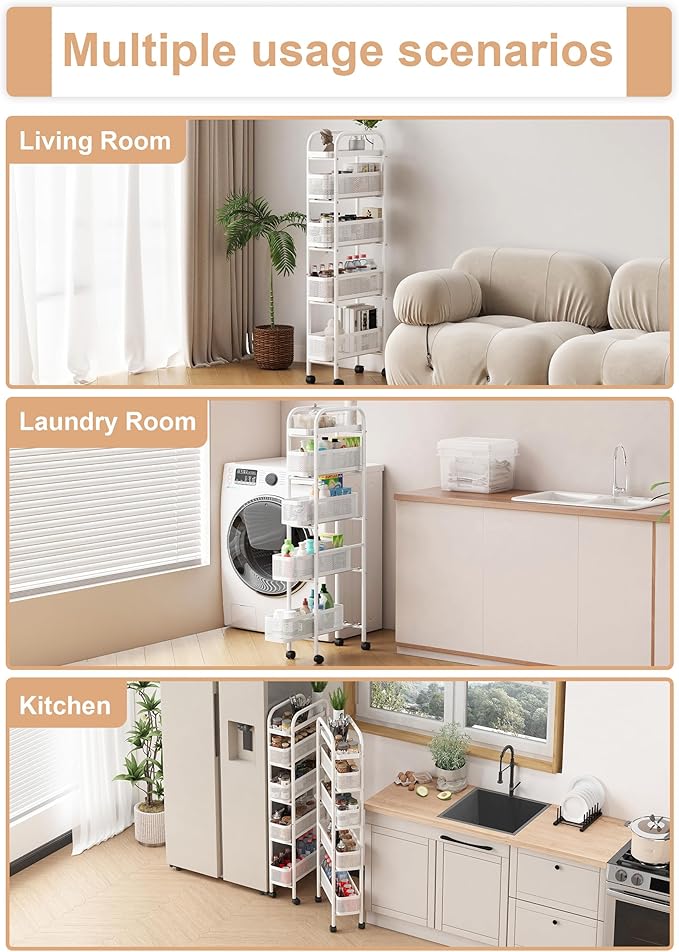 UMDONX Slim Storage Cart 5 Tier with Pull Out Basket Bathroom Organizer Rolling cart, Rolling Utility Cart Slide Out Organizer for Kitchen, Bathroom, Laundry White