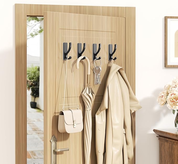 Adhesive Wall Hooks for Towels Coats - Stick On Hooks Hanging Heavy Duty (13lb), Metal Hook for Door, Bathroom, Dorm, Closet - Hanger for Purse, Bag, Robe,Backpack - No Damage to Wall - Black 6 Pack