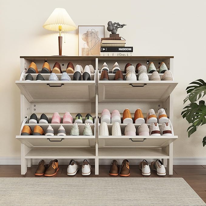 Shoe Storage Cabinet with 4 Flip Drawers, Wooden Shoe Rack with Metal Handle, Freestanding Hidden Shoe Storage Organizer with Open Shelf, Narrow Shoe Rack for Entryway, Hallway (White Brown)