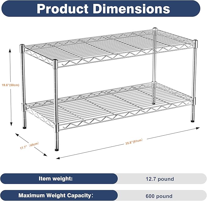 2-Tier Heavy Duty Shelving Unit,36" Wx18 Dx19.5H,Wire Shelf Rack with Lockable Wheels,Height Adjustable Metal Storage Shelves Organizer for Living Room,Garage,Kitchen,Office,Laundry,Pantry