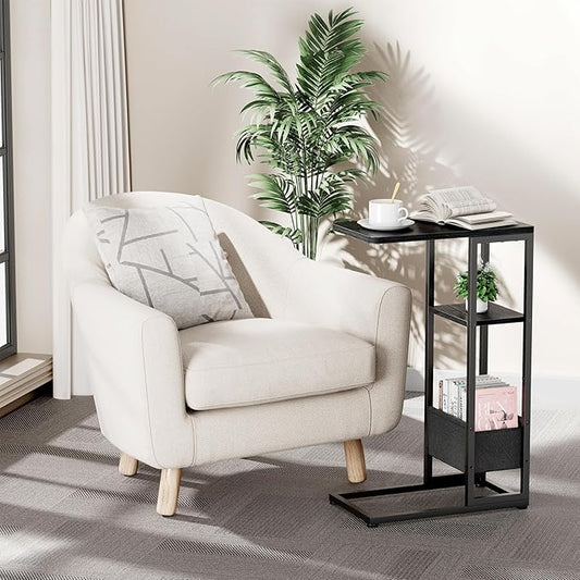 C Shaped End Table, Small Side Table for Couch, Recliner, Slide Under Sofa Tray Desk Snack Tables with Storage Bag for Living Room,Bedroom, Small Spaces - Black-NeatNest
