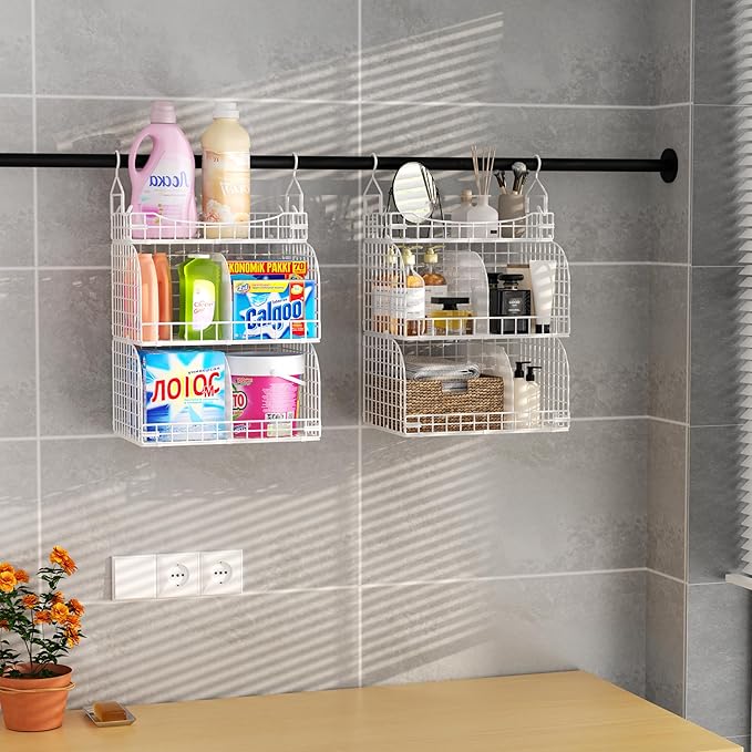 HapiRm Hanging Closet Organizer Storage - 3 Tier Metal Stackable Hanging Closet Shelves with Dividers and S Hooks, Foldable Clothes Shelves for Clothes, Pants, Shoes, Coat, Hats Clutches Accessories