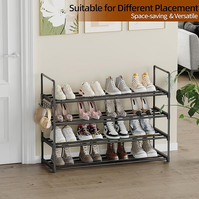 Metal Shoe Rack - 4-Tier Shoe Organizer with Adjustable Shelf Height, Sturdy Shoe Storage Shelf, Perfect for Front Door Entrance, Closet & Entryway, Easy to Assemble, DIY Layering Options (M - 4 Tier)-NeatNest