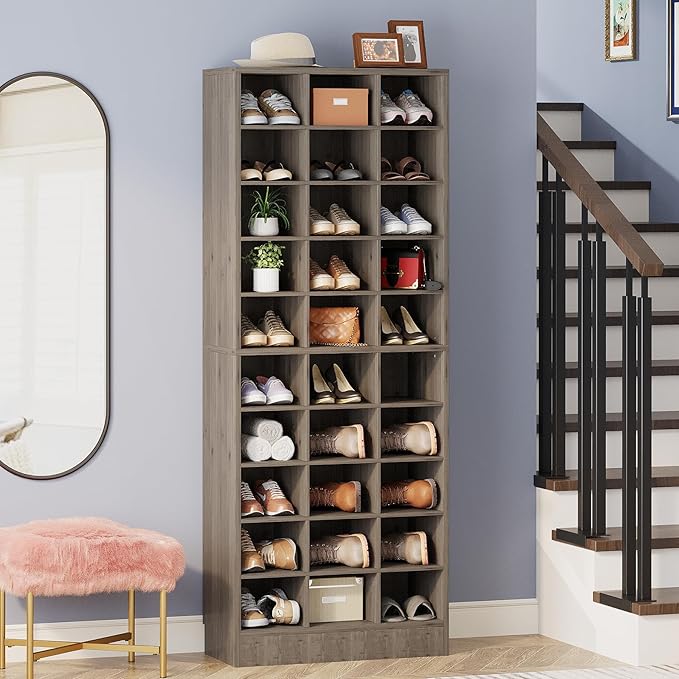 Tribesigns 10-Tier Shoe Storage Cabinet, Gray Wooden Shoe Rack with 30 Cubbies, Freestanding Tall Entryway Shoe Organizer for Closet, Entryway, Living Room-NeatNest