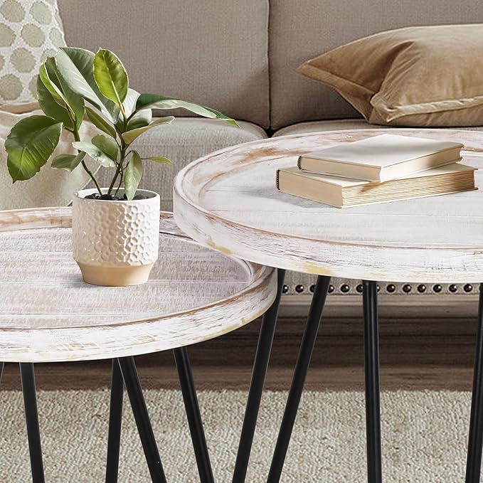 Oakrain Nesting Tables for Living Room, Round Nesting Coffee Table, Farmhouse End Tables Living Room, Bedroom, Small Coffee Table (Distressed White)