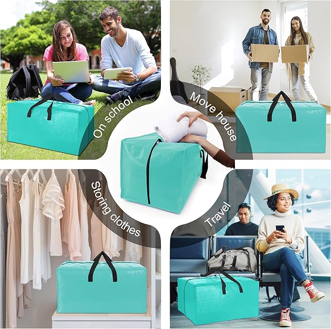 12 Pack Heavy Duty Large Moving Bags W/Backpack Straps - Strong Handles & Zippers, Storage Totes For Space Saving, Fold Flat, Alternative to Moving Box and Storage Bin, Aquamarine