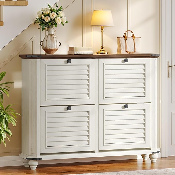 DWVO Shoe Cabinet with 4 Flip Drawers, Farmhouse Shoe Rack with Shutter-Doors, Wooden Entryway Shoe Storage Organizer, Rustic Hidden Shoe Cabinet for Foyer, Hallway, Living Room, White-NeatNest