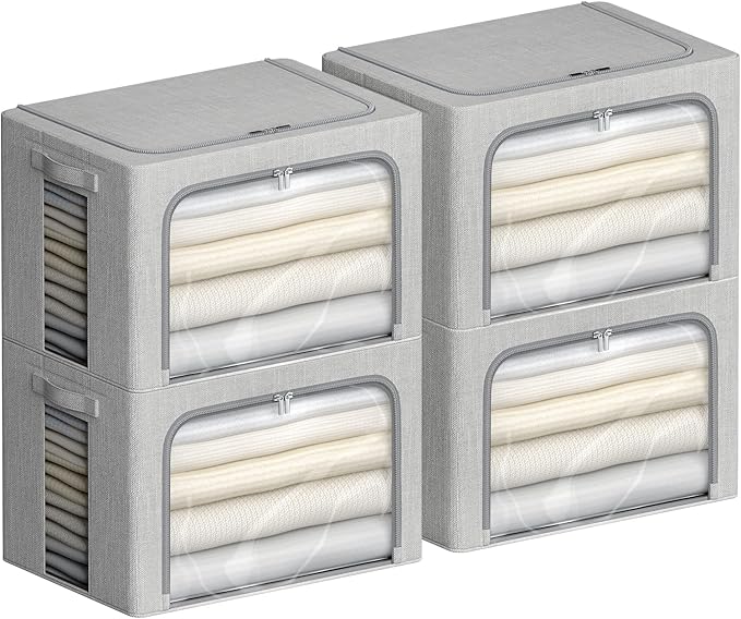 4 Pack Clothes Storage Bins with Metal Frame - Linen Fabric Foldable Stackable Container Organizer Set with Clear Window & Carry Handles & Zippers (Light Grey, 19.7"x15.7"x13")-NeatNest