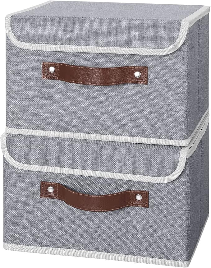 ANMINY 2PCS Storage Bins with Lid PU Leather Handles Storage Boxes PP Plastic Board Decorative Foldable Lidded Cotton Linen Fabric Home Cubes Baskets Closet Organizer Containers - Gray, Small Size-NeatNest