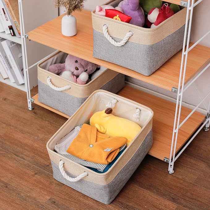 Fabric Storage Basket Set of 3, Foldable Linen Storage Box for Nursery and Home, Collapsible Canvas Shelf Basket for Wardrobe or Bedroom, Grey and Beige