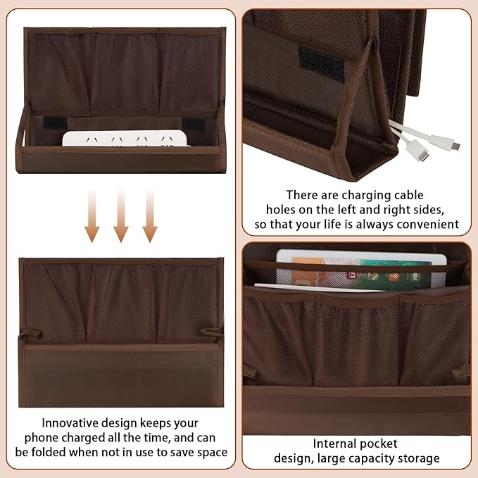 Bedside Storage Organizer with Power Strip Holder and Adjustable Straps Bed Hanging Bag for Home Bunk Bed Dorm Sofa (Brown)-NeatNest
