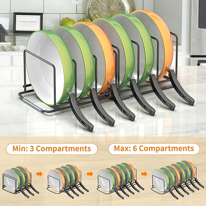 Adjustable 2.2in Pan Organizer Rack - for Pots,Pans,Cutting Boards,Cookie Sheets & Muffin Pans with 6 Slots,Non-Slip