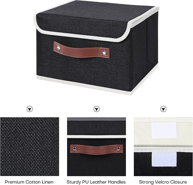 ANMINY 2PCS Storage Bins with Lid PU Leather Handles Storage Boxes PP Plastic Board Decorative Foldable Lidded Cotton Linen Fabric Home Cubes Baskets Closet Organizer Containers - Black, Small Size-NeatNest