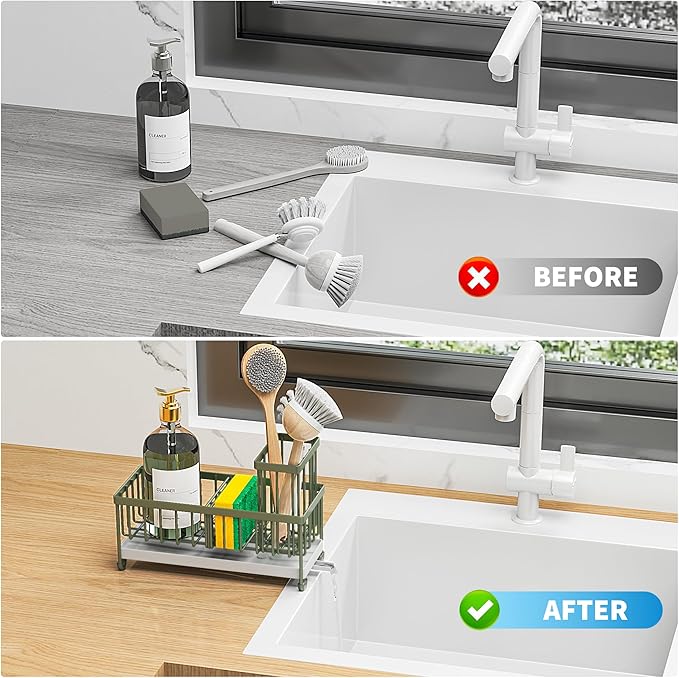 Cisily Sage Green Sponge Holder for Kitchen Sink, Sink Caddy Organizer with High Brush Holder, Kitchen Countertop Organizers and Storage Essentials, Rustproof 304 Stainless Steel, Soap Dispenser-NeatNest