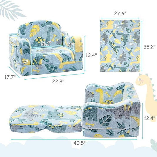 Comfy Toddler Chair and Couch for Kids with Blanket,2-in-1 Soft Plush Fold Out Toddler Couch for Girls and Boys,Convertible Sofa to Lounger for Playroom,Glowing Dinosaur-NeatNest