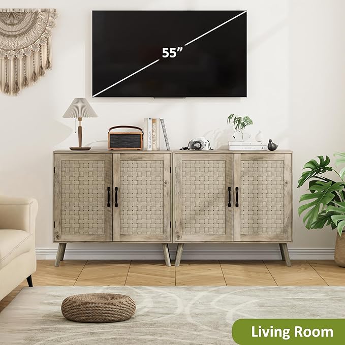 Farmhouse Sideboard Cabinet, Buffet Storage Cabinet with Handmade PVC Rattan Decor Doors & Adjustable Shelf, Wood Accent Table Coffee Station for Kitchen, Living Room, Entryway, Grey Oak-NeatNest