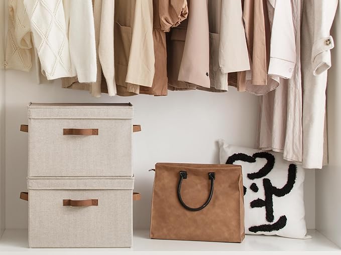 StorageWorks Fabric Storage Bins with Lid, Decorative Storage Boxes for Shelves, Stackable Closet Organizer Basket with Handles, Large, Brown and Beige, 2-Pack-NeatNest