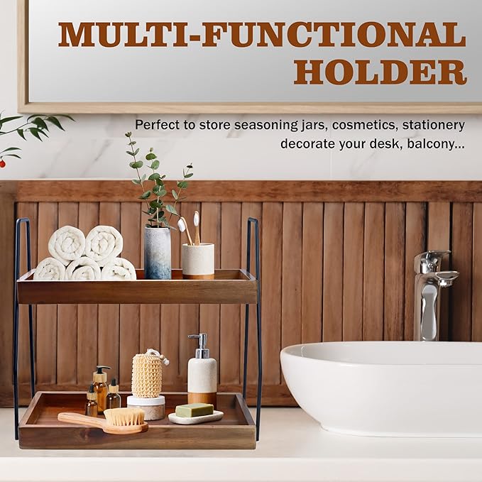 Acacia Bathroom Organizer Countertop 13.6 x 14 x 6.7 inches, 2-Tier Wood Counter Standing Rack, Countertop Storage Shelf for Organizing Bathroom Kitchen Office Desk Vanity Cosmetic Balcony
