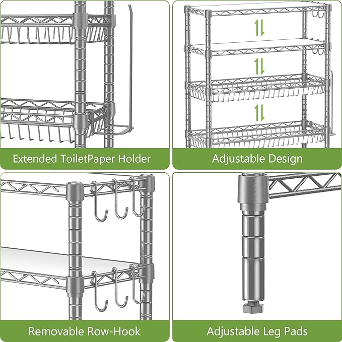 Bathroom Shelves Organizer, 4 Tier Over The Toilet Storage with Adjustable Basket and 6 Hooks, Metal Over Toilet Storage Rack for Bathroom, Fit Most Toilets, Easy to Assemble, Grey