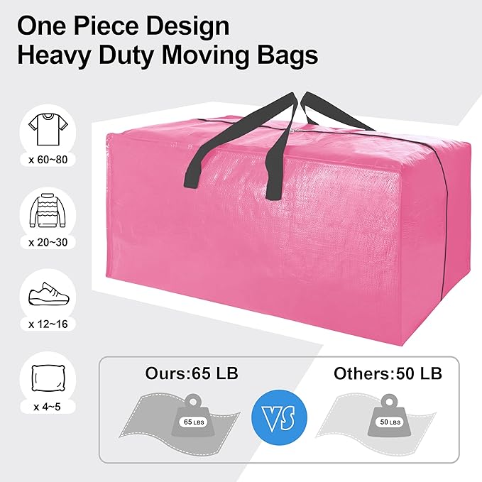 12 Pack Heavy Duty Large Moving Bags W/Backpack Straps - Strong Handles & Zippers, Storage Totes For Space Saving, Fold Flat, Alternative to Moving Box and Storage Bin, Pink