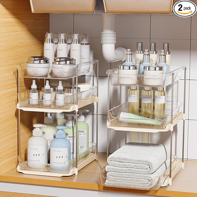 Delamu 2 Sets of 3-Tier Bathroom Under Sink Organizers and Storage, Multi-Purpose Stackable Pantry Organization and Storage, Beige-NeatNest