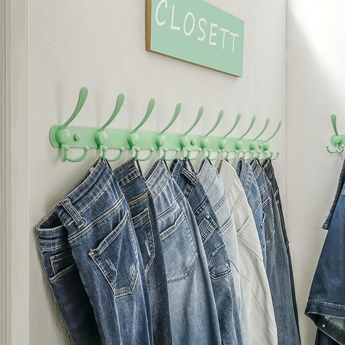 Dseap Coat Rack Wall Mount - 38” Long 10-Tri-Hooks Heavy Duty Coat Hanger Rail Wall Hooks for Hanging Coats Hats Clothing Clothes Purse Mudroom Entryway, Green, Pack of 2-NeatNest