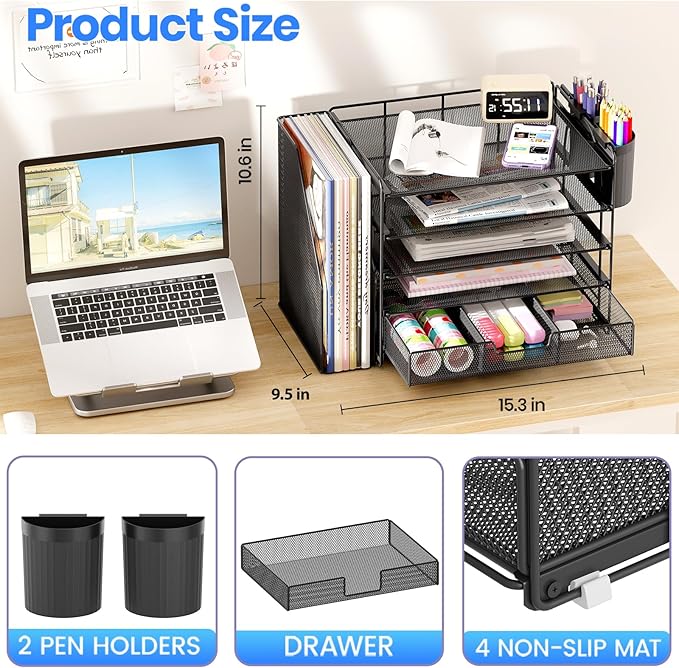 Desk Organizers and Accessories, 5-Tier Paper File Organizer with Drawer & Pen Holder, Office Desk Accessories Workspace Desktop Organizer for Office Supplies(Black)-NeatNest