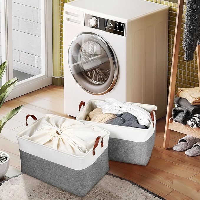 DULLEMELO Extra Large Storage Basket for Organizing, 70L Oversized Storage Bin Foldable Canvas Fabric Blanket Basket, 22" x 15" x 13" Large Kids Toy Basket Organizer with Handles (White&Grey)-NeatNest