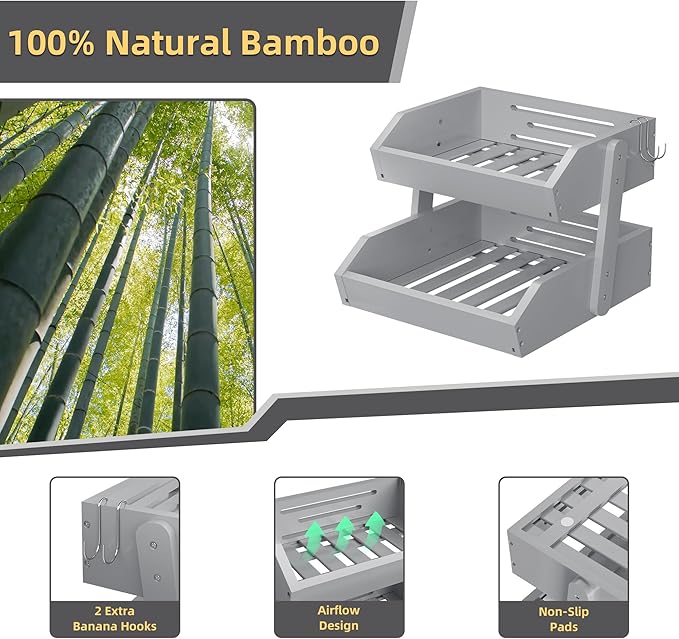 Bamboo 2 Tier Fruit Basket for Kitchen Counter, Large Capacity Fruit Storage Countertop, Fruit Holder, Wood Pantry Organizers and Storage, Kitchen Countertop Organizer With Two Banana Hangers (Grey)